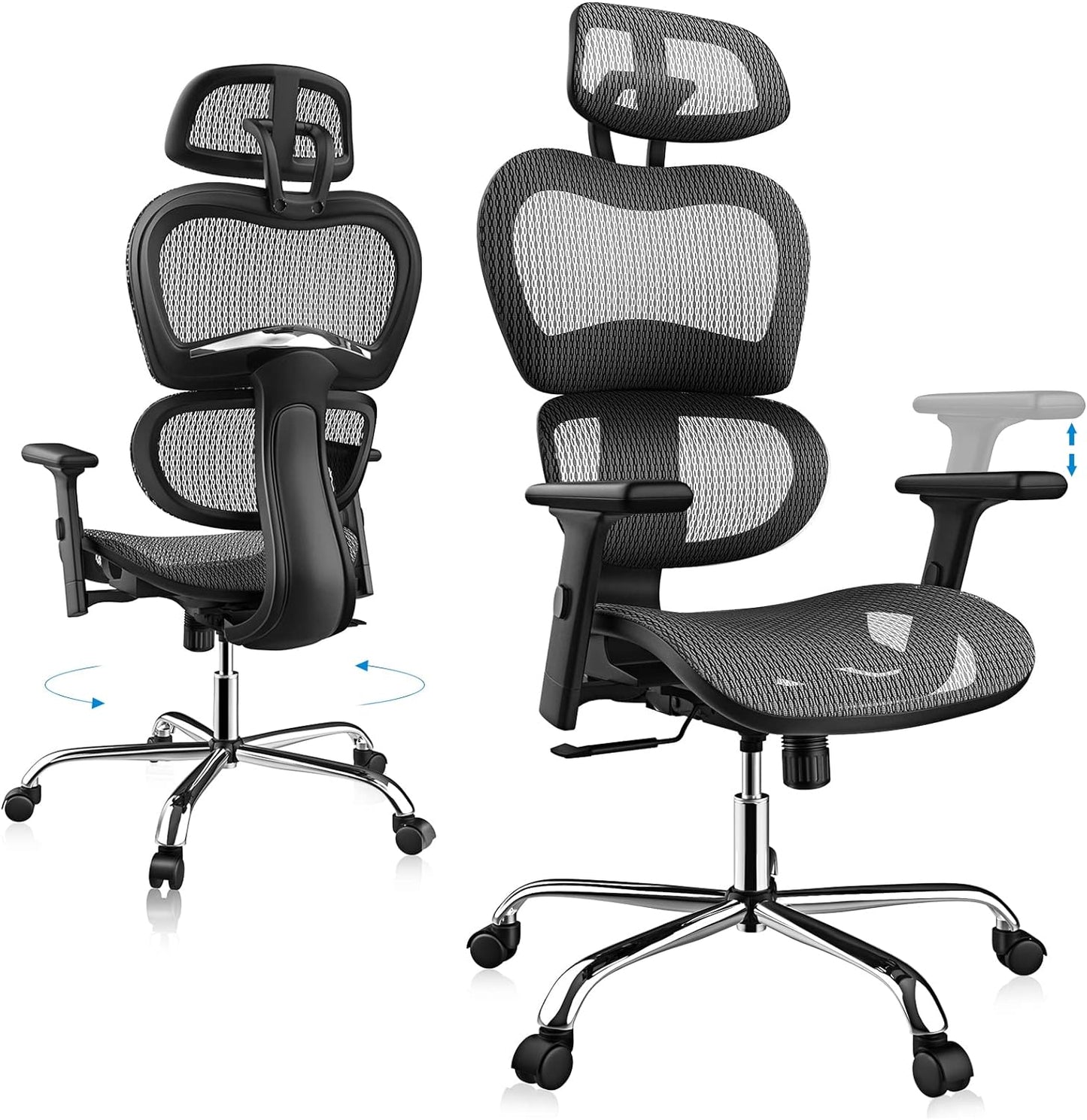 Ergonomic Office Chair, High Back Office Chair Home Office Desk Chairs with Adjustable Headrest Armrests, Mesh Office Chair with Lumbar Support and Tilt Function Gaming Home Office,Black