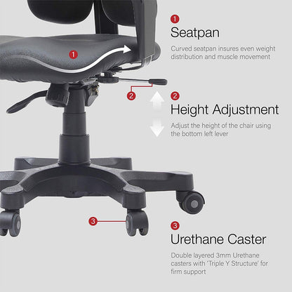 Gold Ergonomic Office Chair with Twin Backrests,  System for Proper Posture and Pressure Distribution, Height Adjustable Headrest Armrest, Tension Tilt [Synthetic Leather/Black]